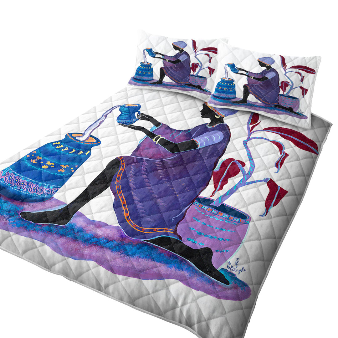 Kneeling in Purple Dress African Art Painting Woman Twin Quilt