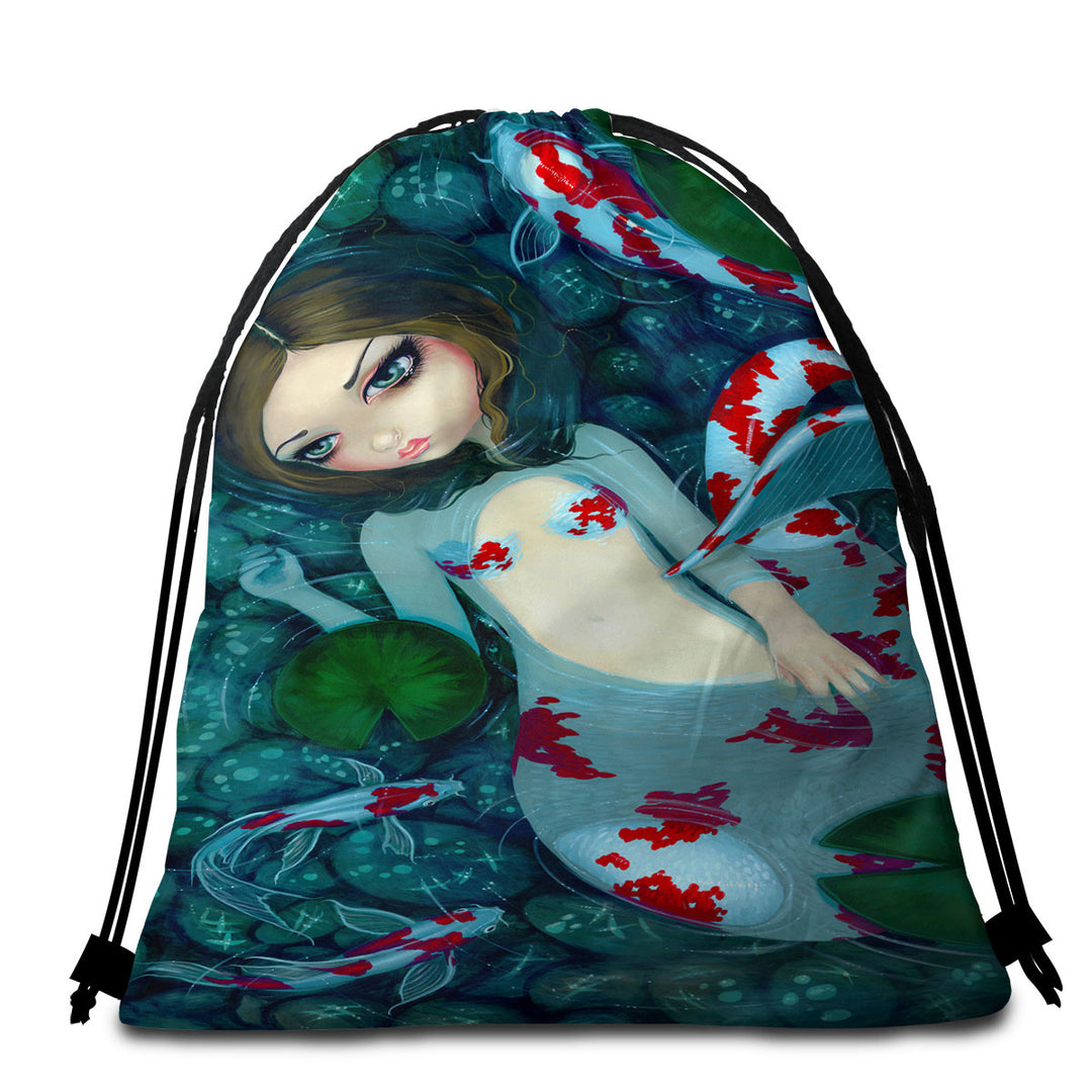 Koi Fish Beach Towels and Bags Set Pond Daydreaming Koi Mermaid