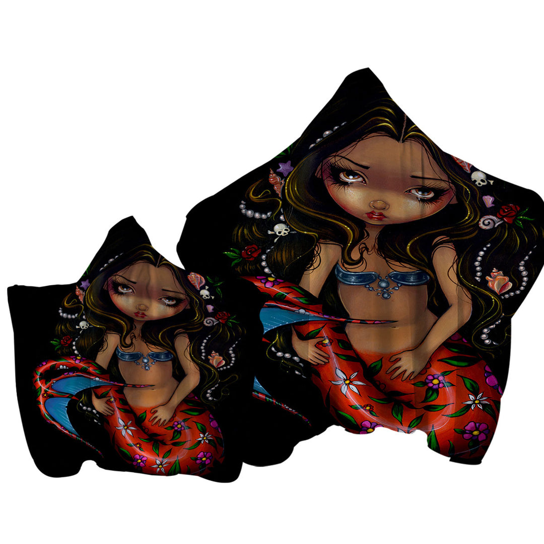 La Sirena the Big Eyed Mermaid with a Floral Tail Towel with Hood