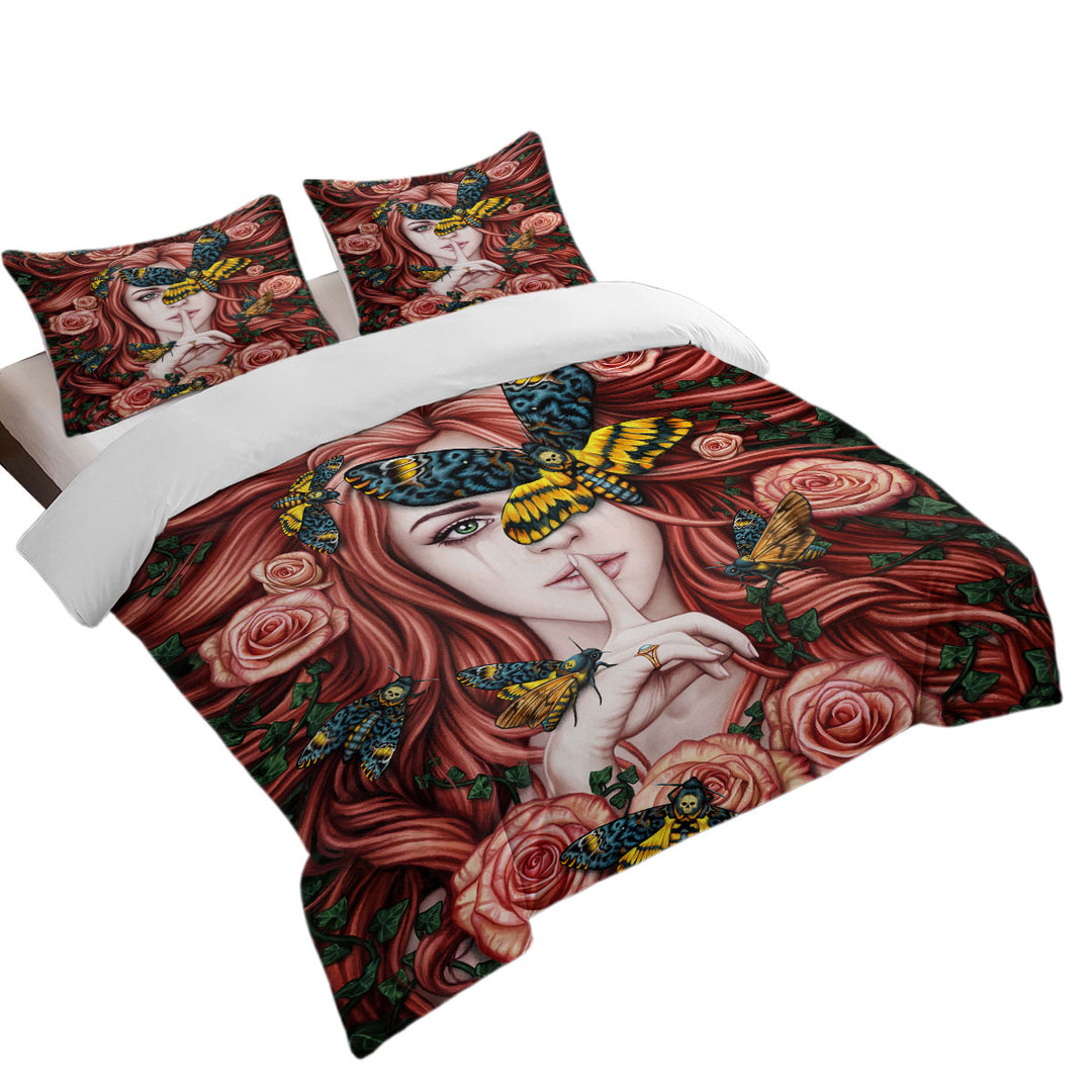 Lady Moth Roses and Death Moth on Beautiful Woman Duvet Covers