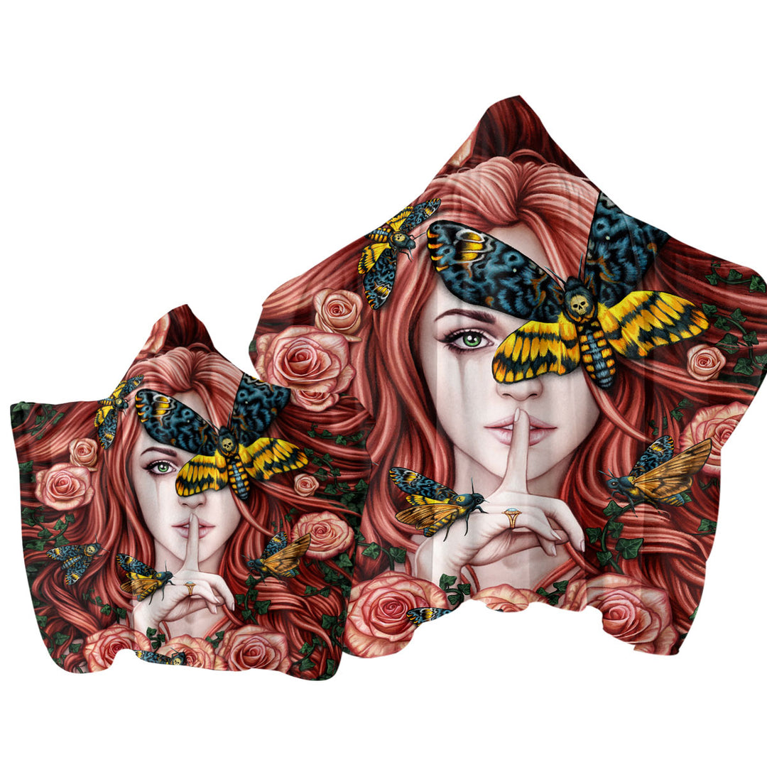 Lady Moth Roses and Death Moth on Beautiful Woman Hooded Beach Towel