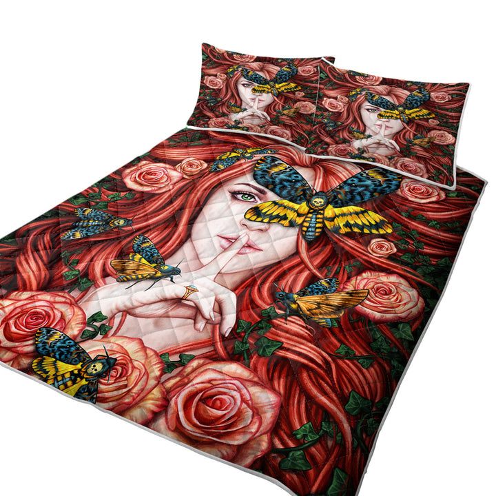 Lady Moth Roses and Death Moth on Beautiful Woman King Size Quilt