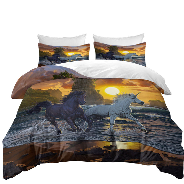 Legendary Beach Unicorns in Sunset King Duvet Cover set