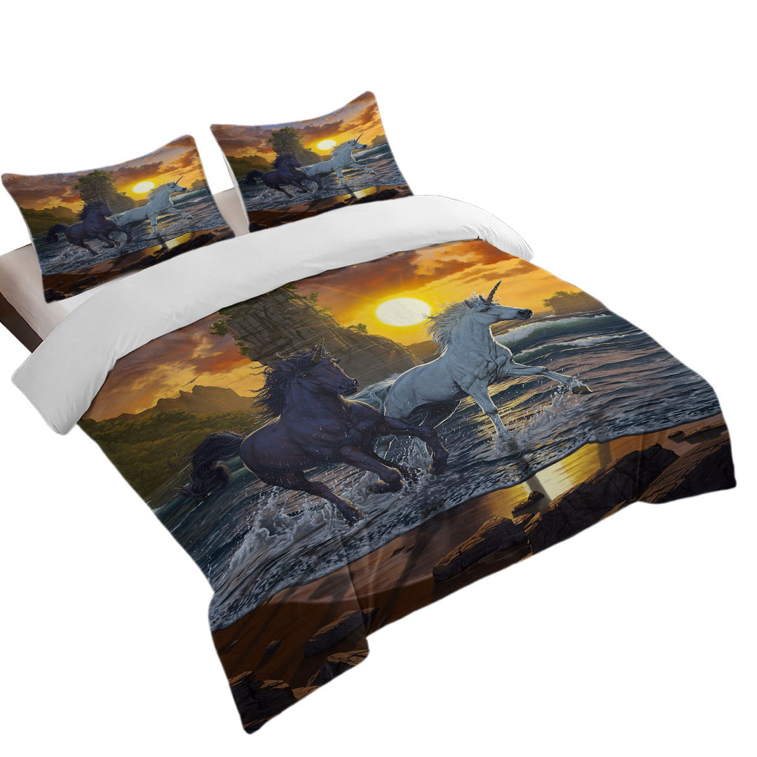 Legendary Beach Unicorns in Sunset full Size Duvet Cover