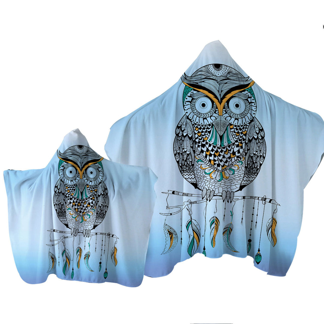 Light Blue Native Owl Hooded Beach Towel