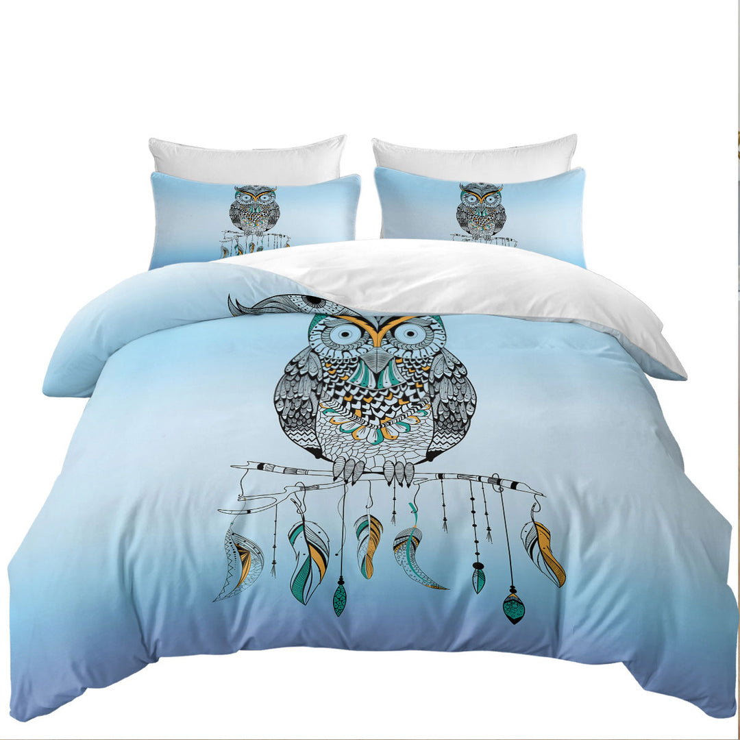 Light Blue Native Owl King Duvet Cover set