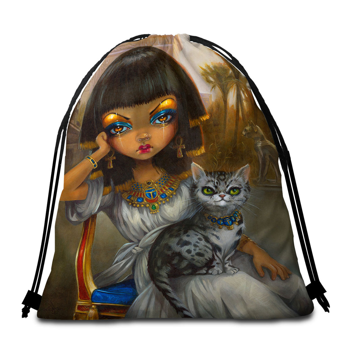 Lightweight Beach Towel with Sanura Beautiful Egyptian Princess with Her Mau Cat