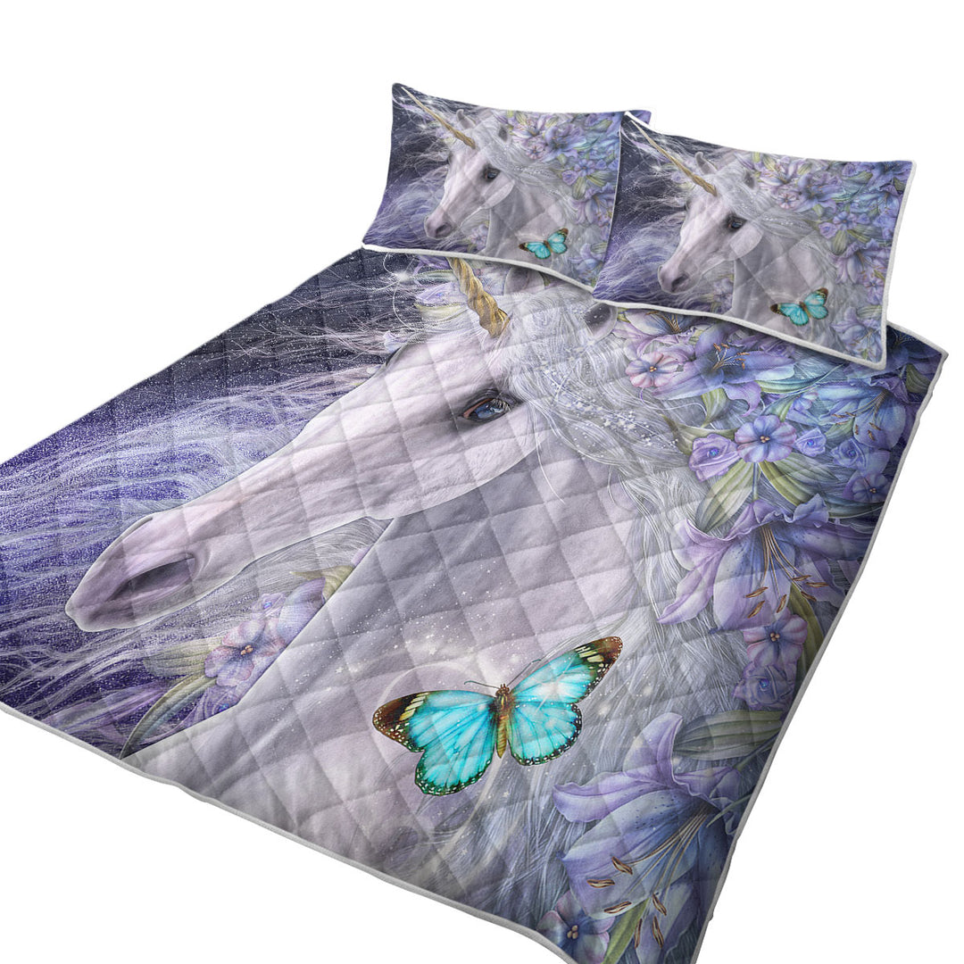 Lillicorn Art Purplish Lilli Flowers and Unicorn California King Quilt Sets