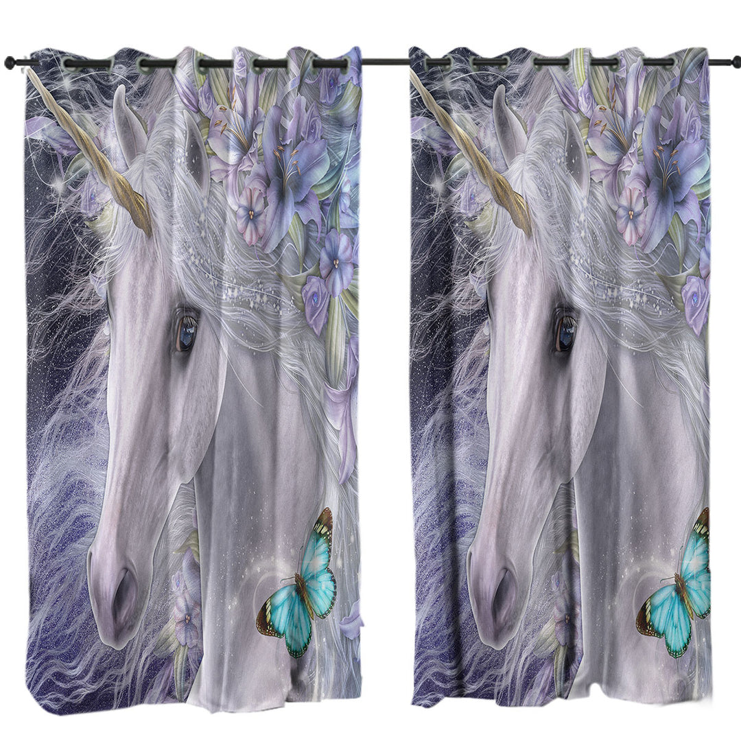 Lillicorn Art Purplish Lilli Flowers and Unicorn Curtains