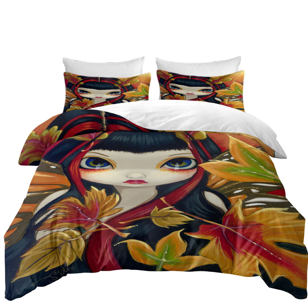 Little Autumn Leaves Big Eyed Winged Girl Bed Covers