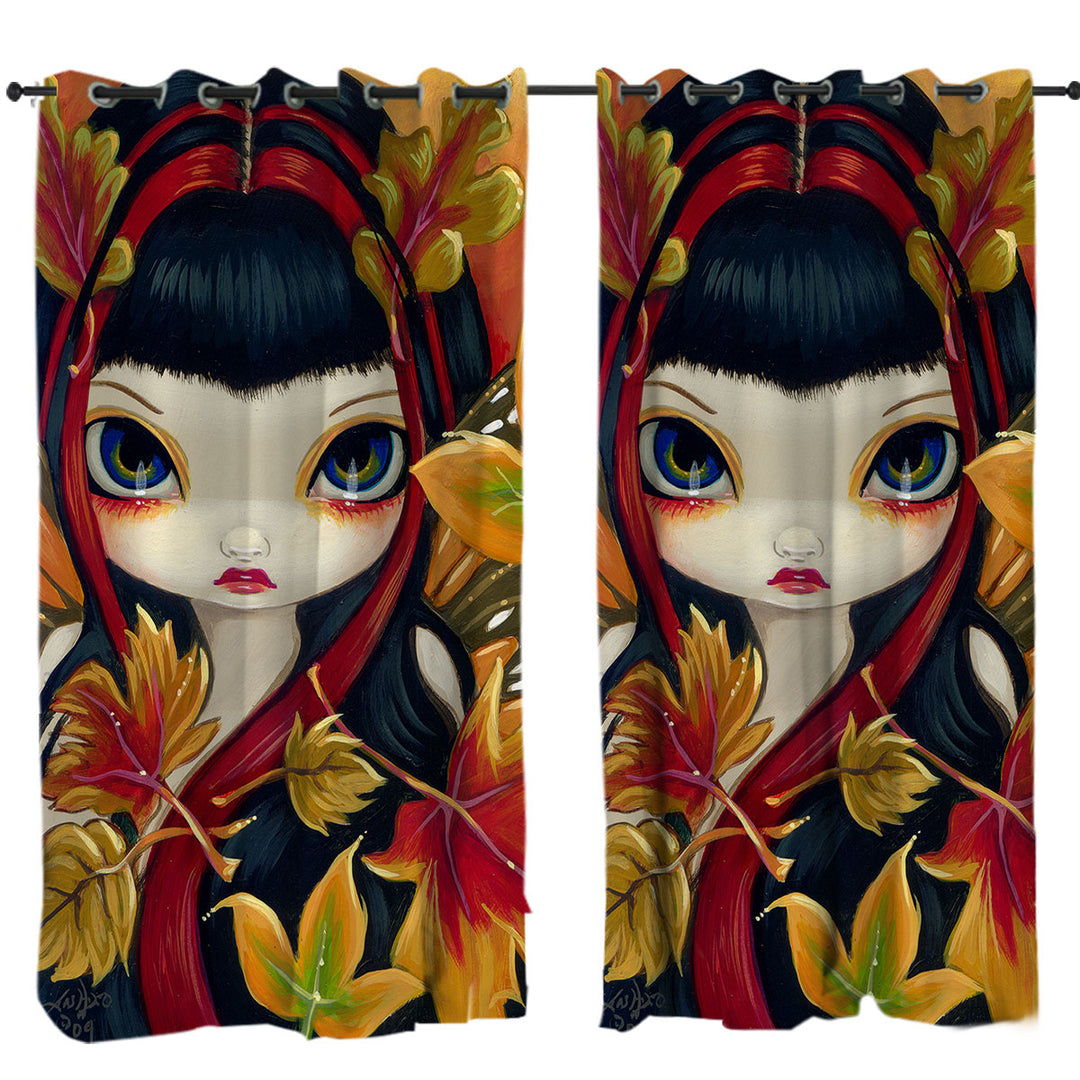 Little Autumn Leaves Big Eyed Winged Girl Curtains for Living Room