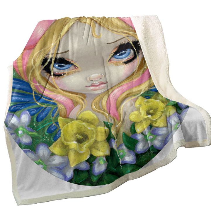 Little Bit of Spring Beautiful Big Eyed Fairy Fleece Blankets