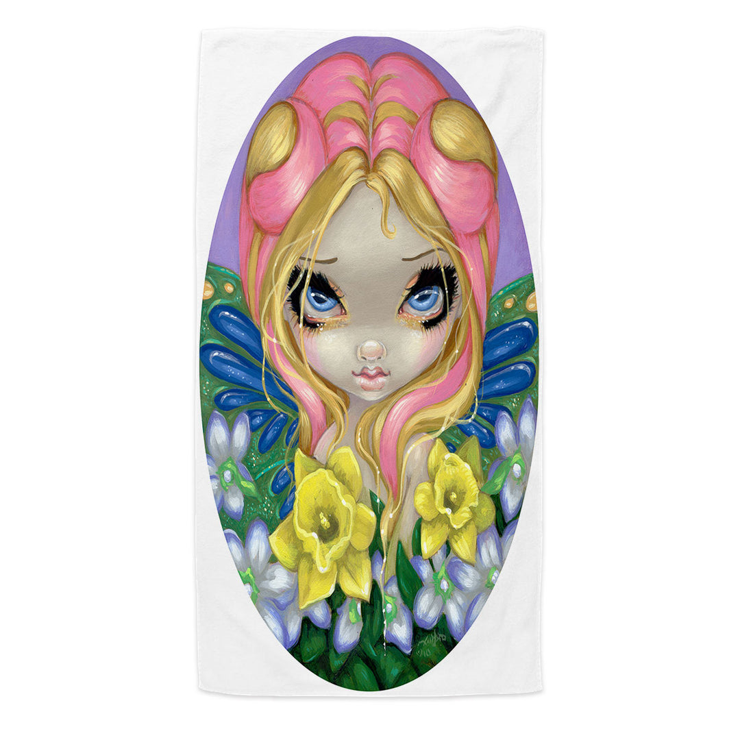 Little Bit of Spring Beautiful Big Eyed Fairy Microfiber Beach Towel