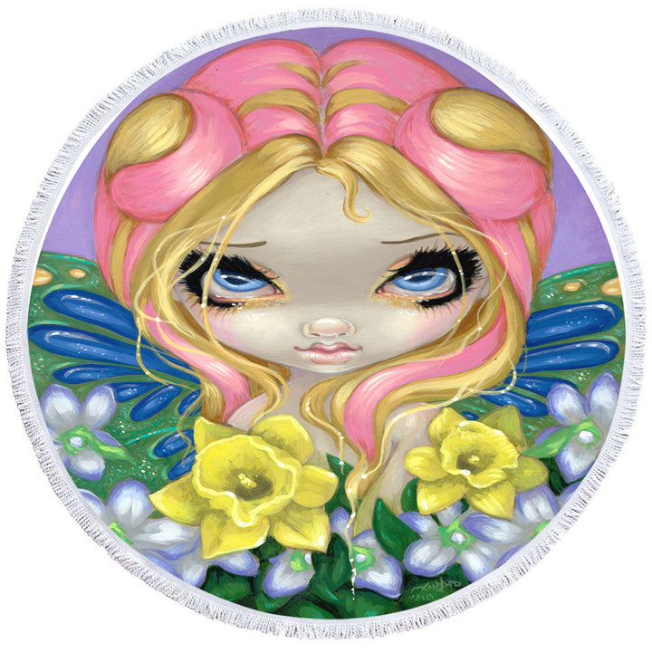 Little Bit of Spring Beautiful Big Eyed Fairy Round Beach Towel