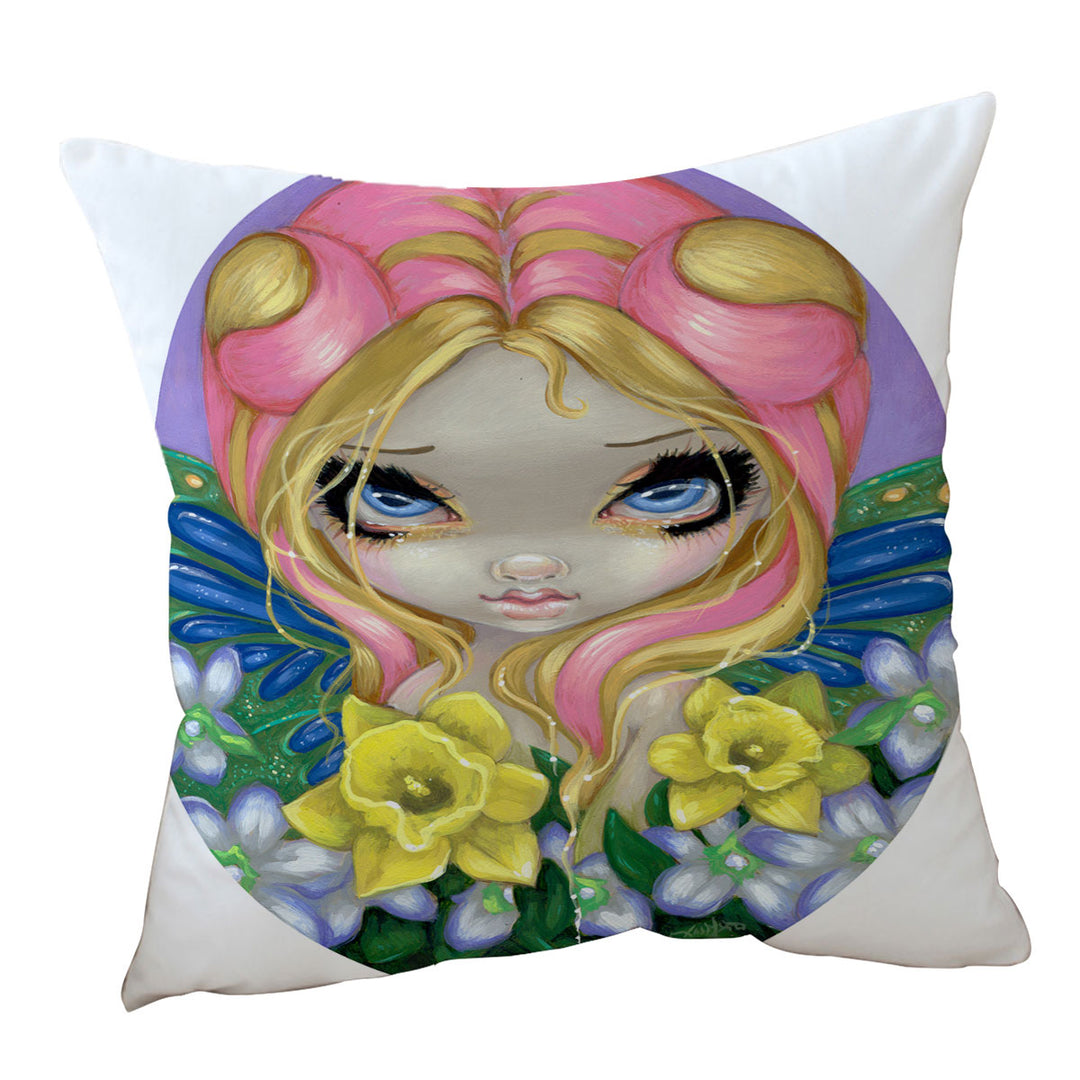 Little Bit of Spring Beautiful Big Eyed Fairy Throw Pillow