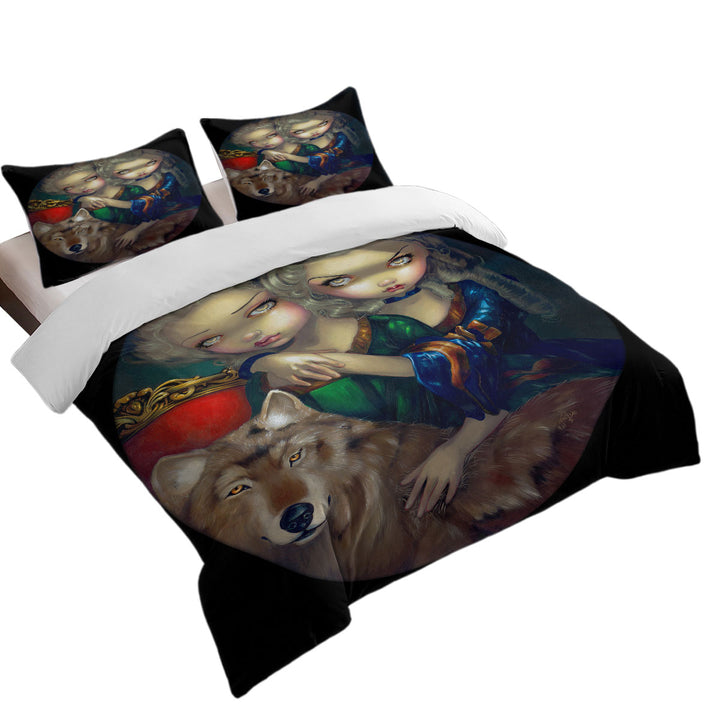 Loup Garou Beautiful Girls Twins and Their Wolf King Duvet Cover set