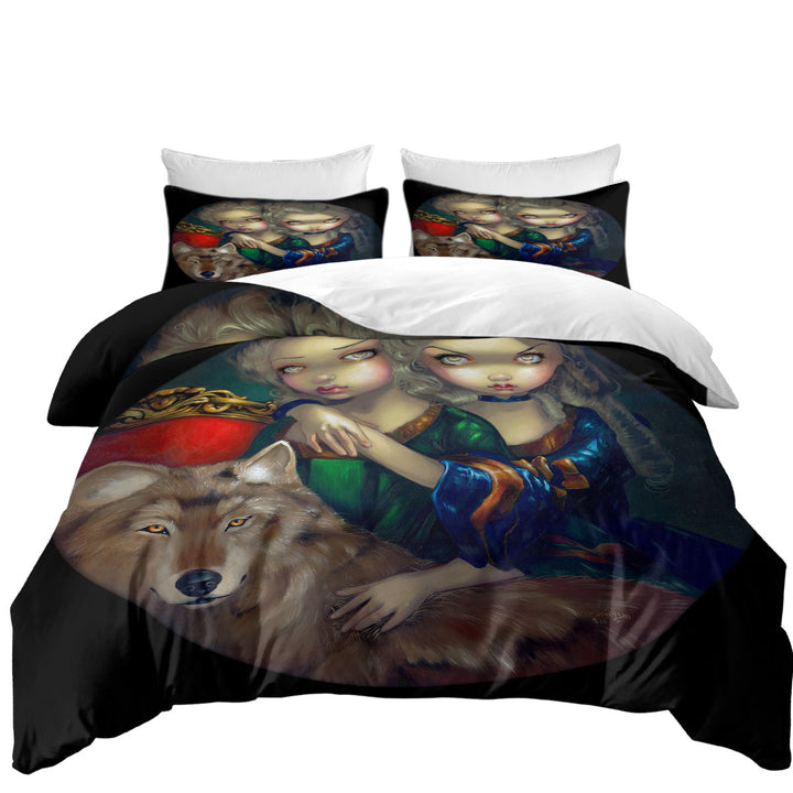 Loup Garou Beautiful Girls Twins and Their Wolf King Size Duvet Cover