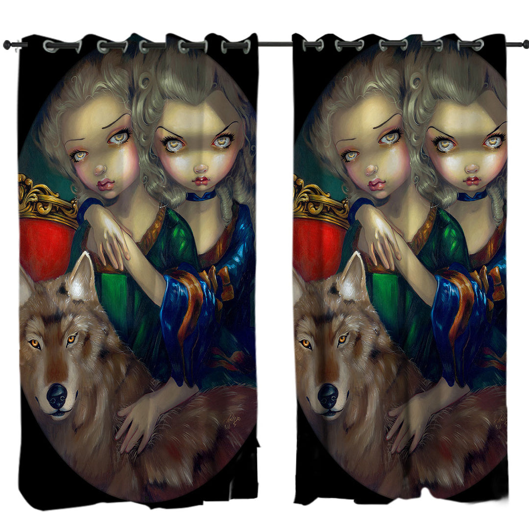 Loup Garou Beautiful Girls Twins and Their Wolf Window Curtains