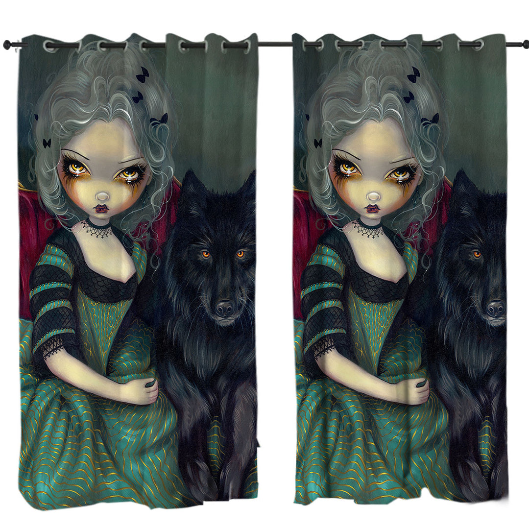 Loup Garou Beautiful Gothic Lady and Black Wolf Curtains