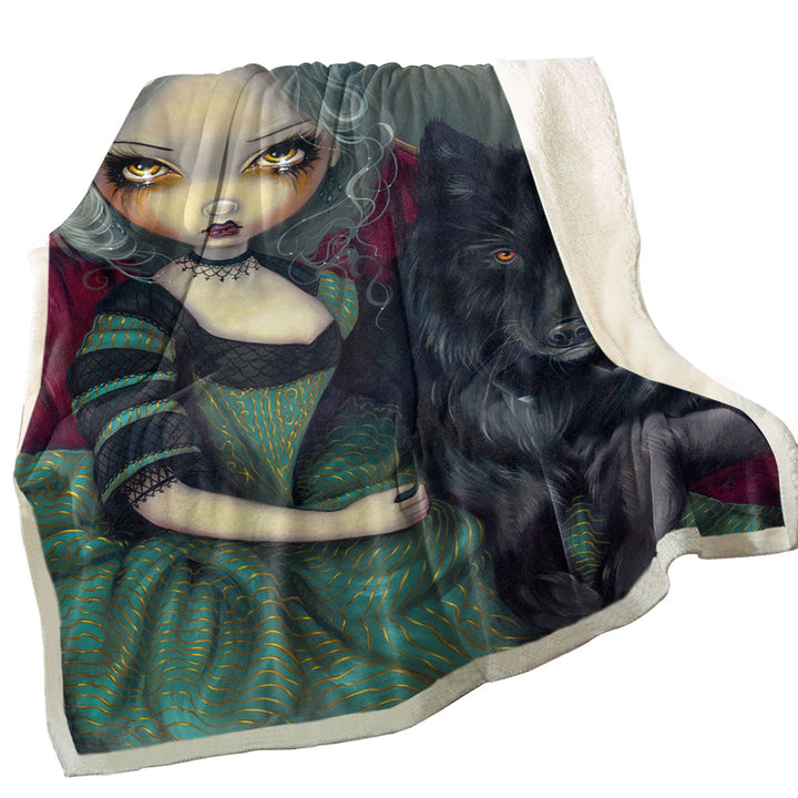 Loup Garou Beautiful Gothic Lady and Black Wolf Decorative Throws