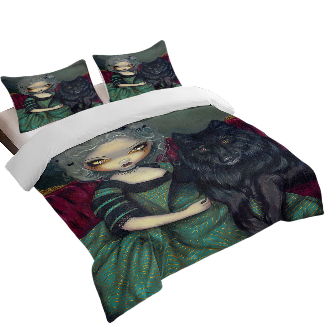 Loup Garou Beautiful Gothic Lady and Black Wolf Duvet Cover