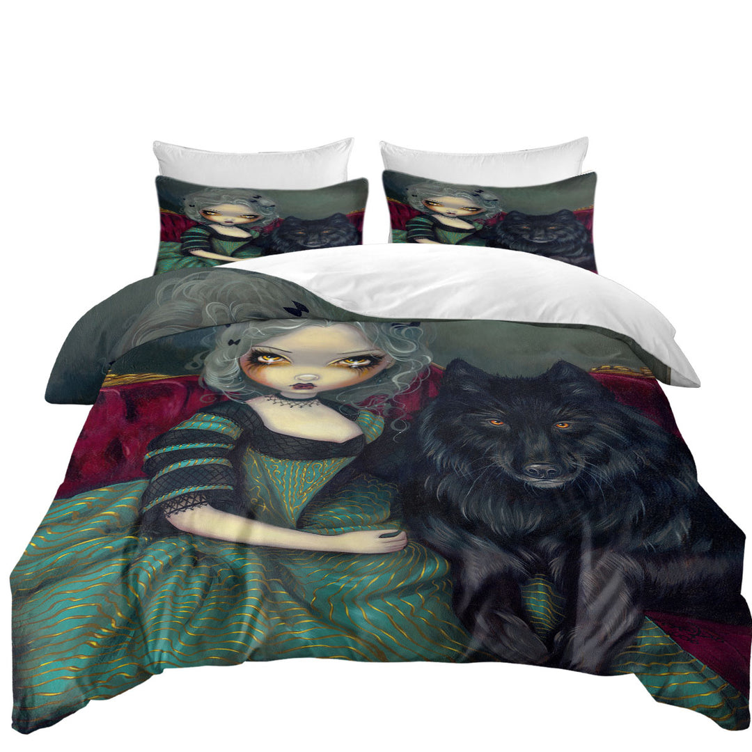 Loup Garou Beautiful Gothic Lady and Black Wolf Duvet Covers