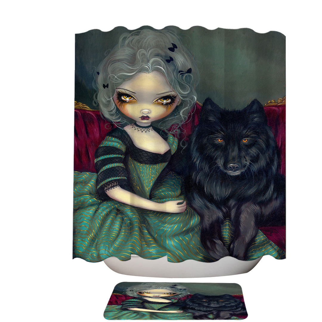 Loup Garou Beautiful Gothic Lady and Black Wolf Shower Curtains for Sale