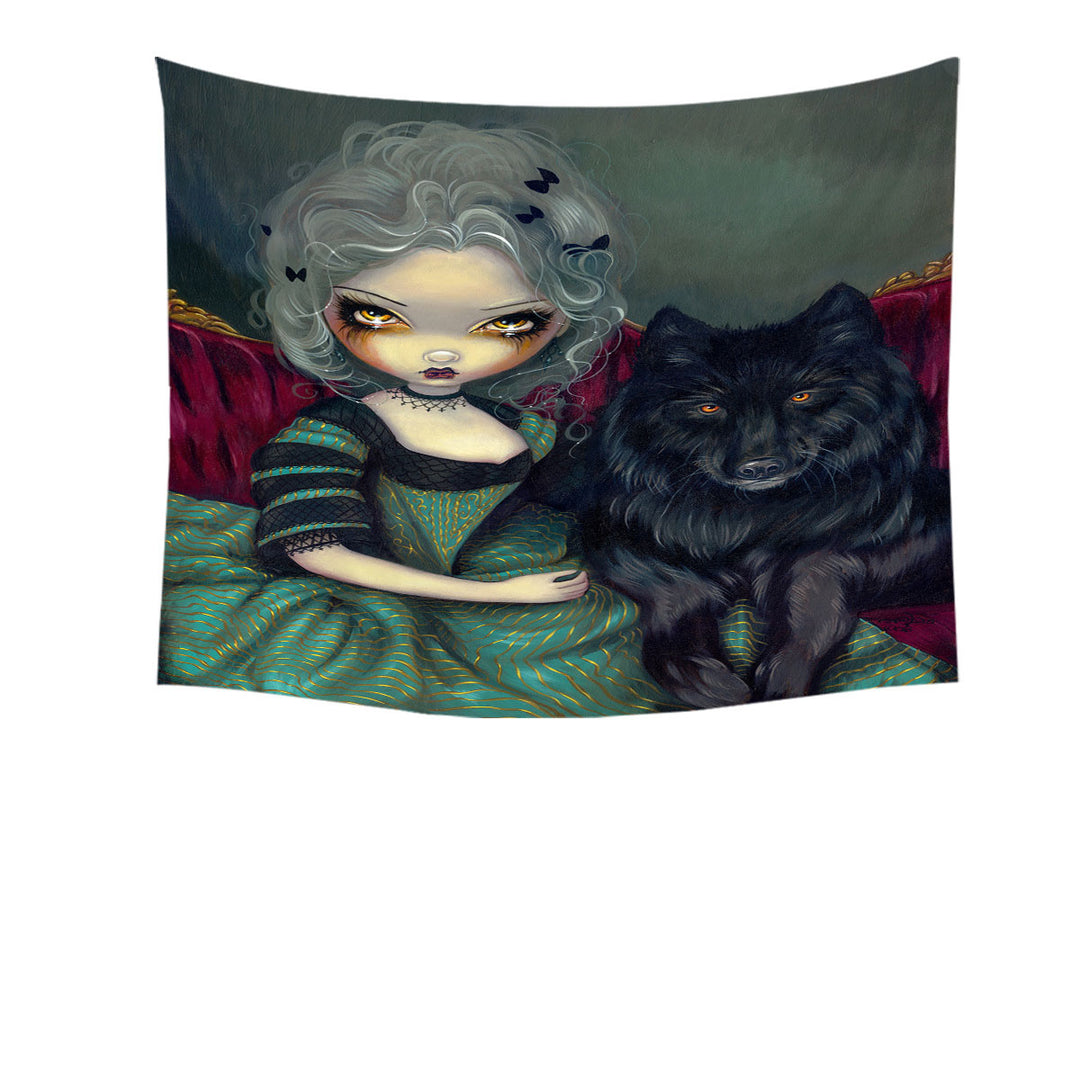 Loup Garou Beautiful Gothic Lady and Black Wolf Tapestry