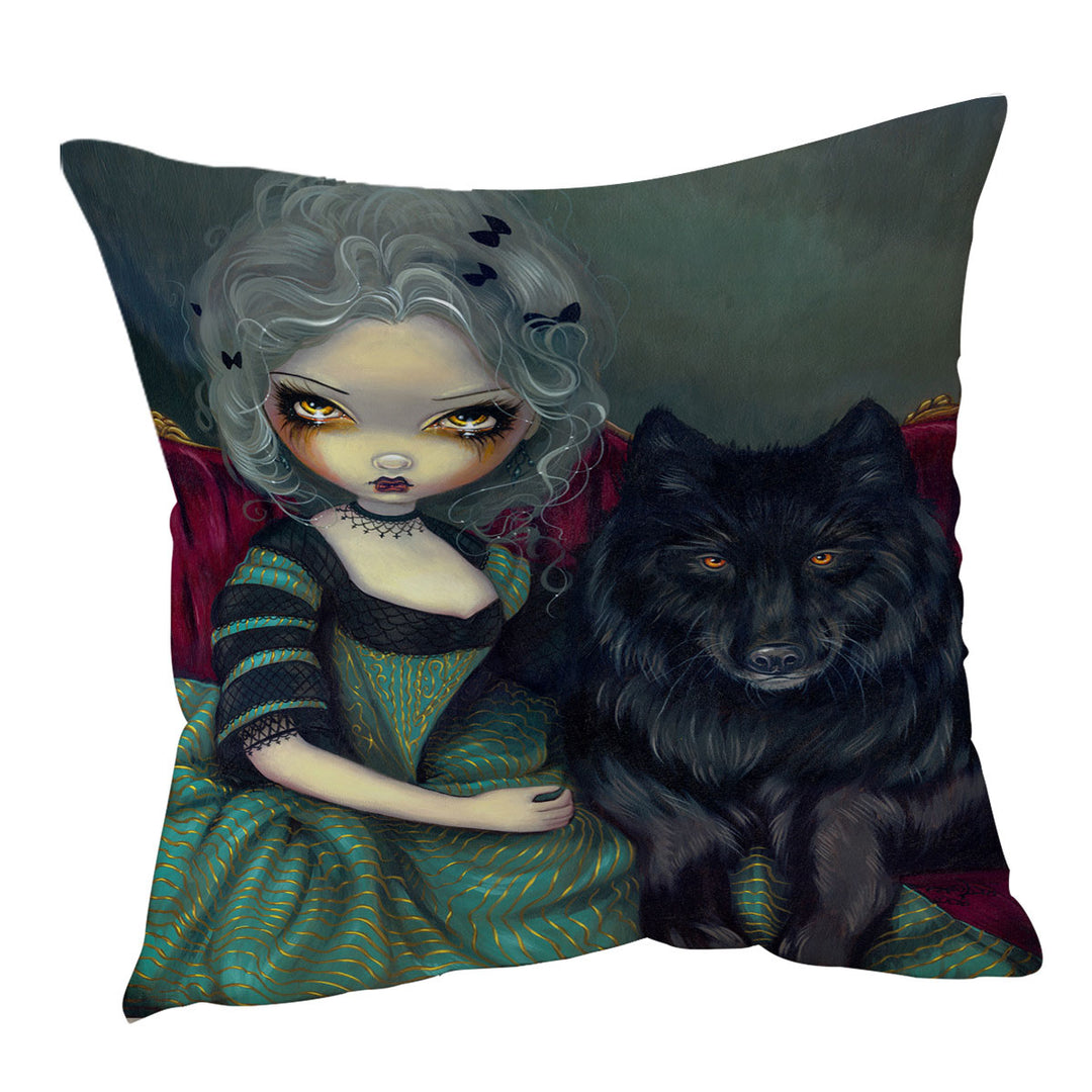 Loup Garou Beautiful Gothic Lady and Black Wolf Throw Pillows