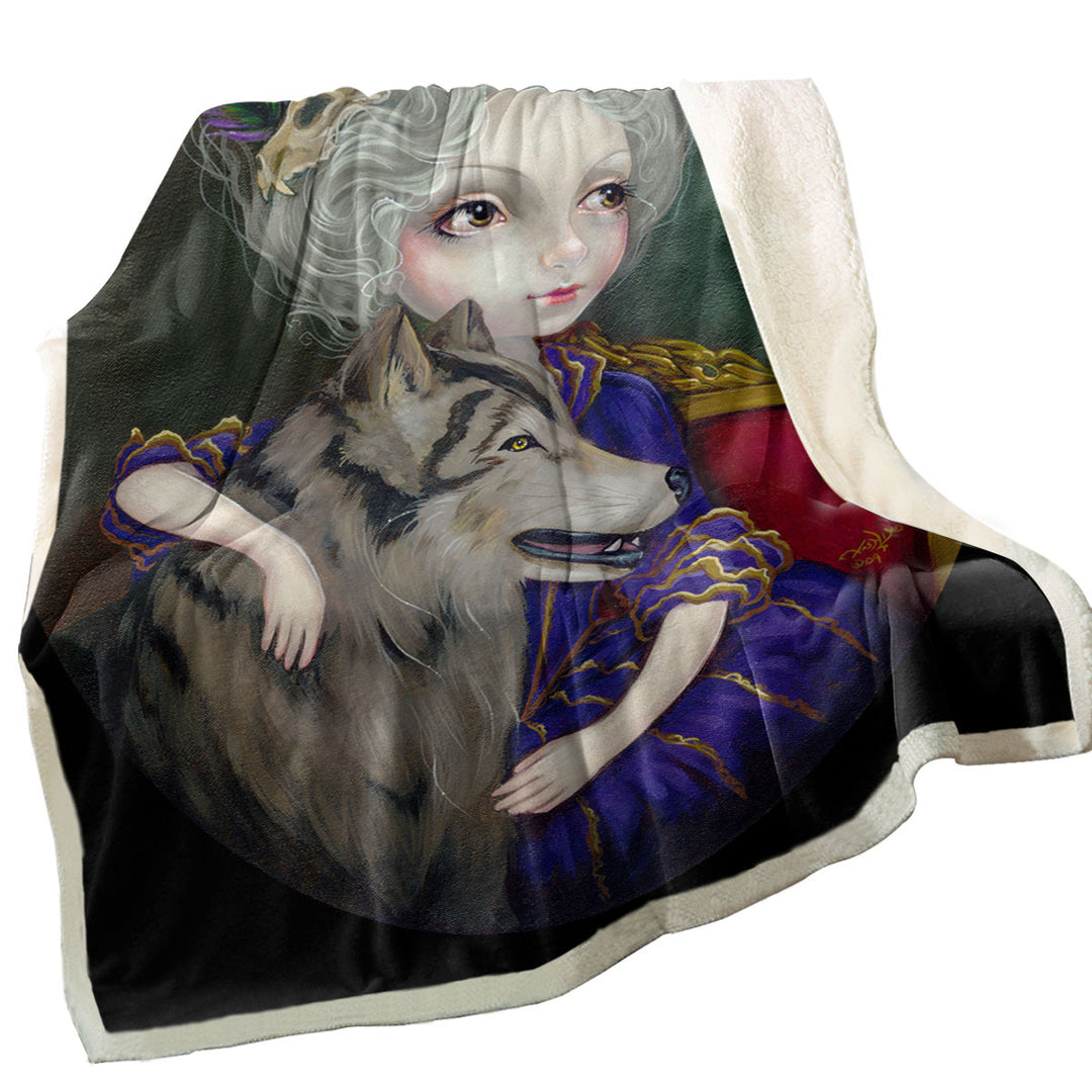 Loup Garou Big Eyed Beautiful Girl and Her Wolf Couch Throws