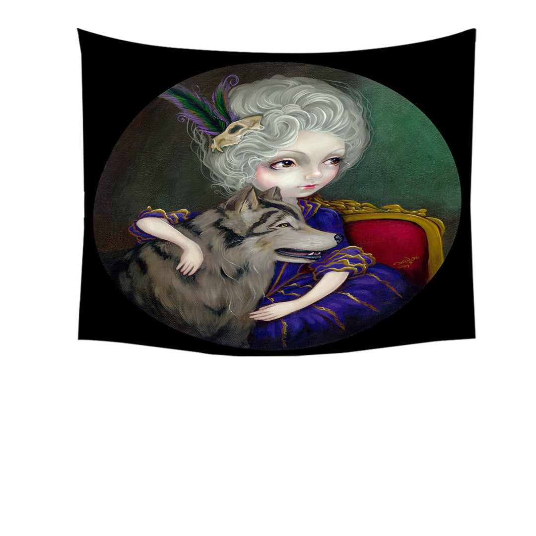 Loup Garou Big Eyed Beautiful Girl and Her Wolf Hanging Fabric on Wall