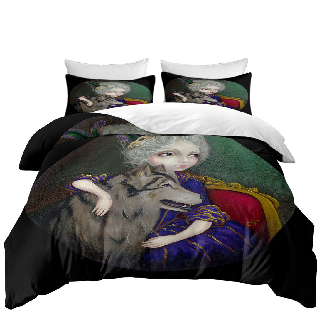 Loup Garou Big Eyed Beautiful Girl and Her Wolf King Duvet Cover set