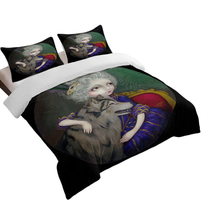 Loup Garou Big Eyed Beautiful Girl and Her Wolf full Size Duvet Cover