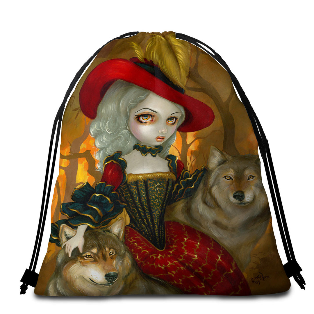 Loup Garou Fine Art Lady Autumn and Wolves Beach Towel