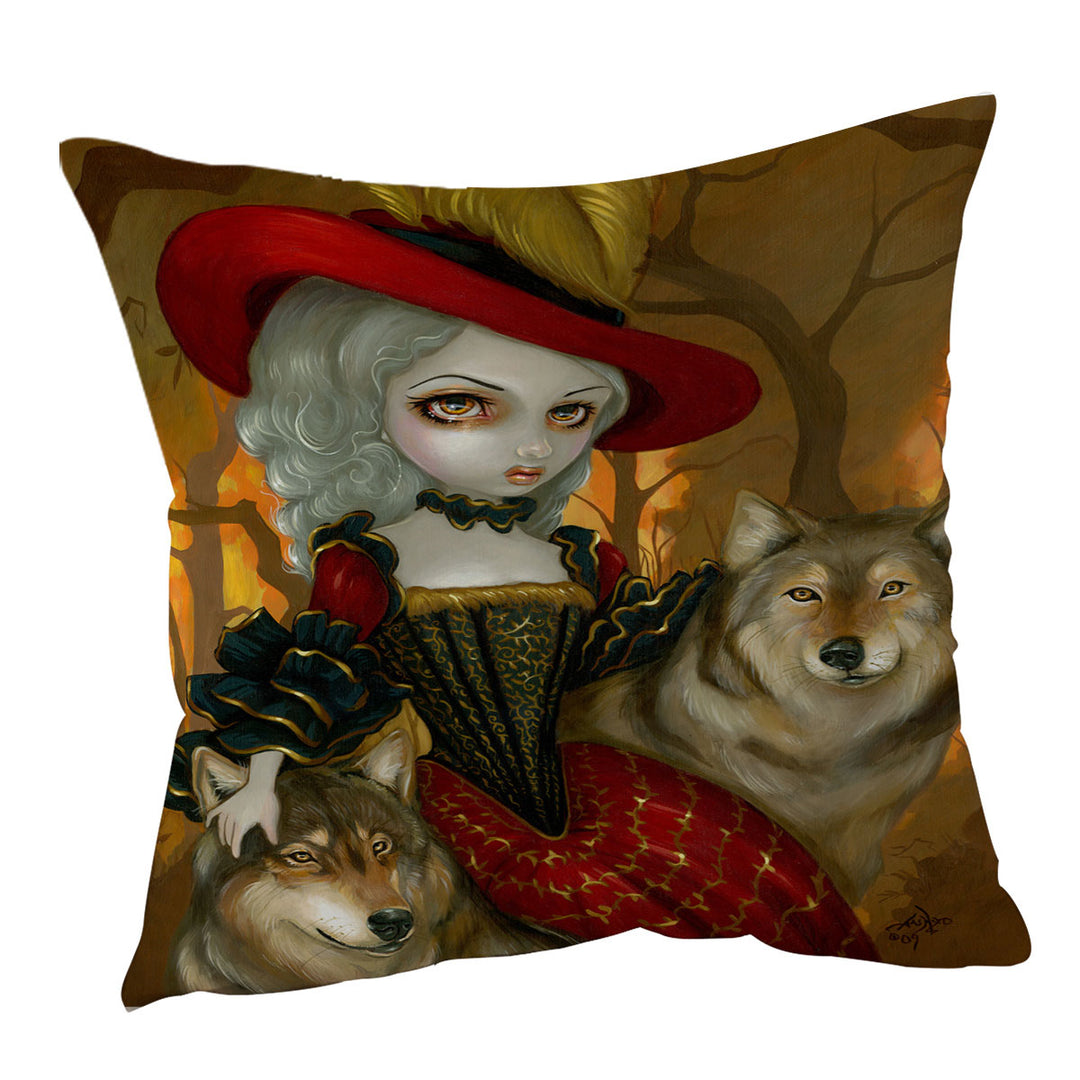 Loup Garou Fine Art Lady Autumn and Wolves Cushion Cover