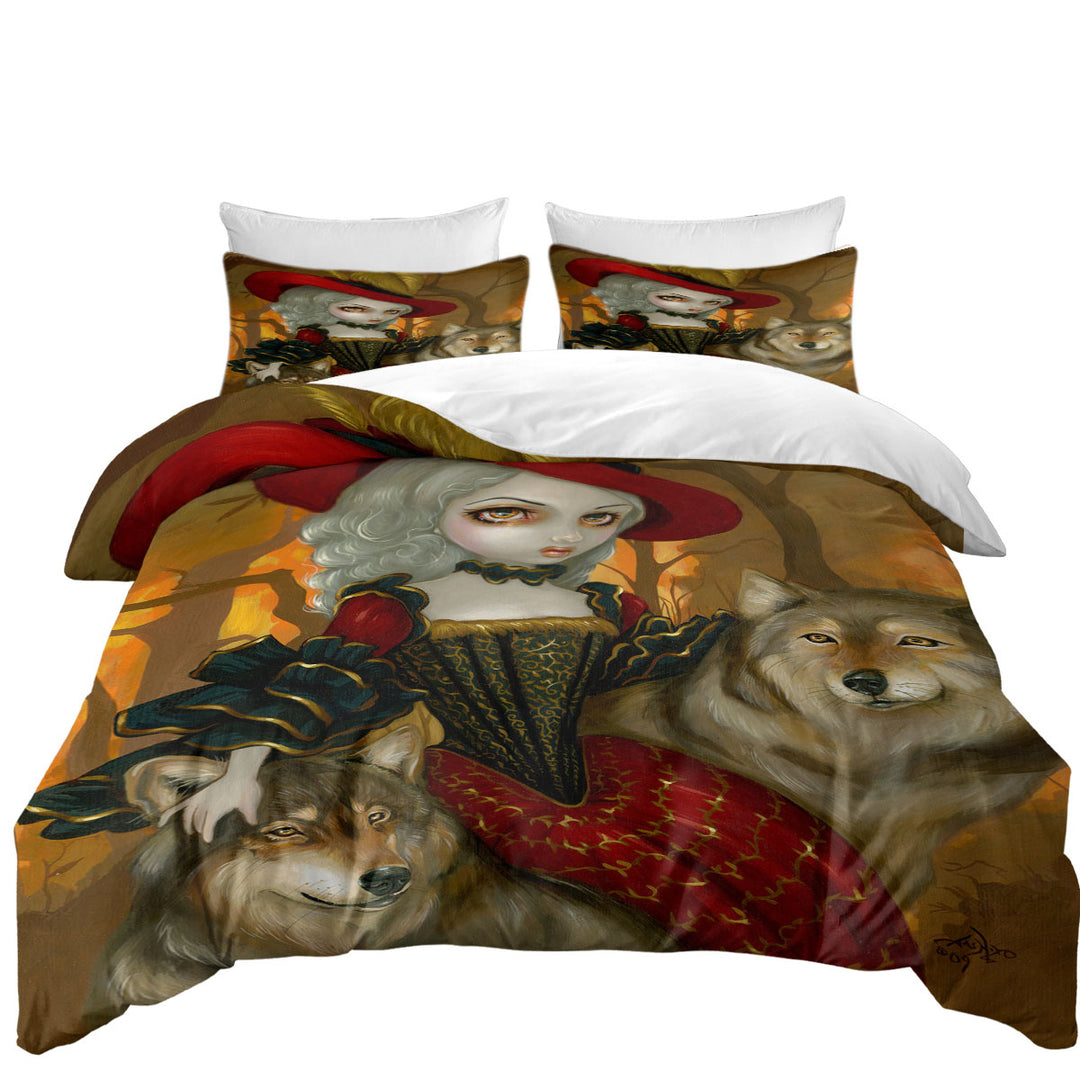 Loup Garou Fine Art Lady Autumn and Wolves Duvet Cover