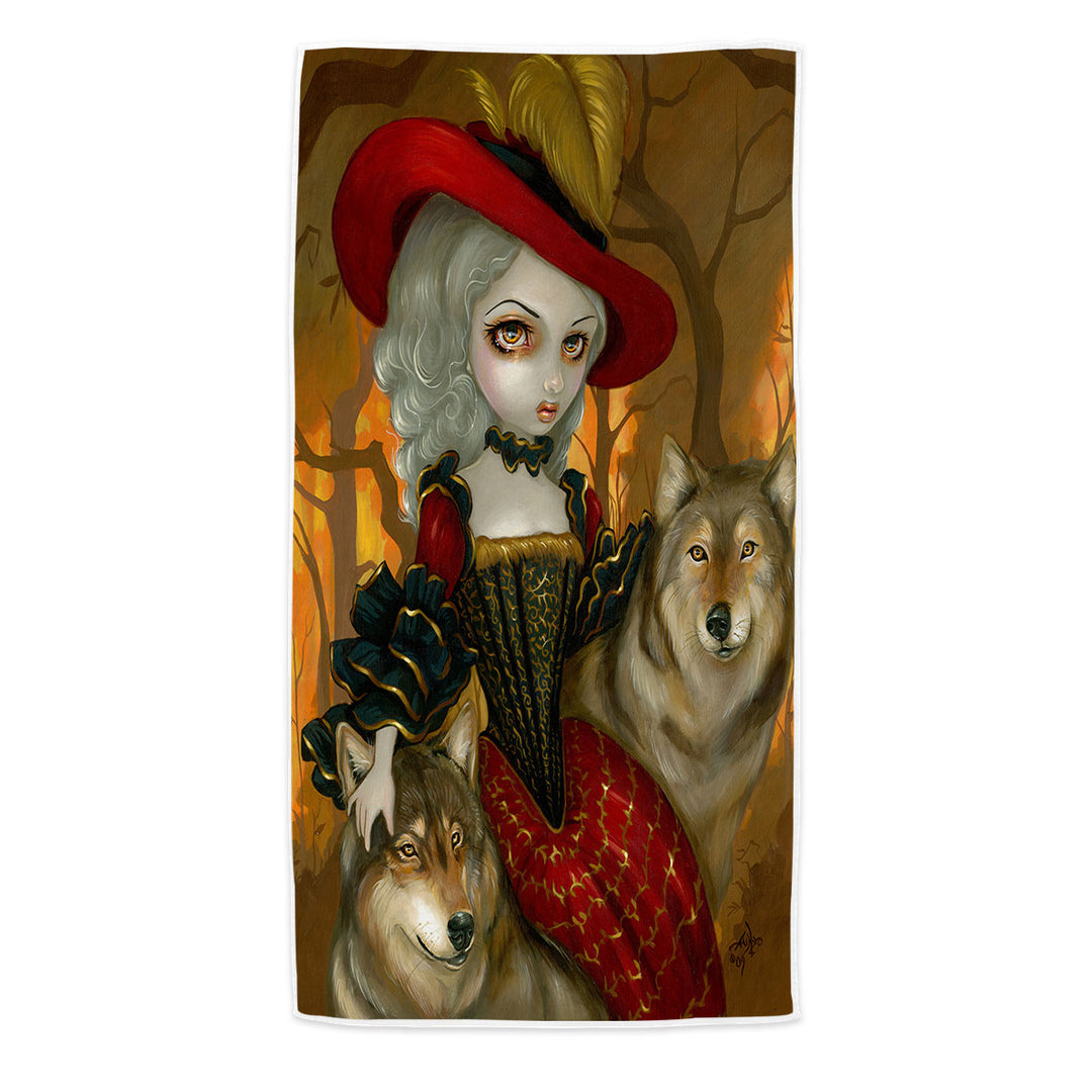 Loup Garou Fine Art Lady Autumn and Wolves Microfibre Beach Towels