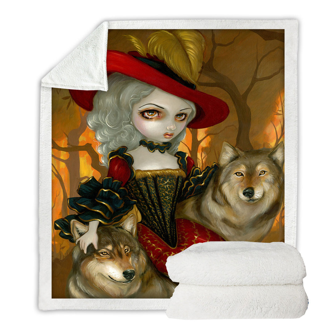 Loup Garou Fine Art Lady Autumn and Wolves Throw Blanket