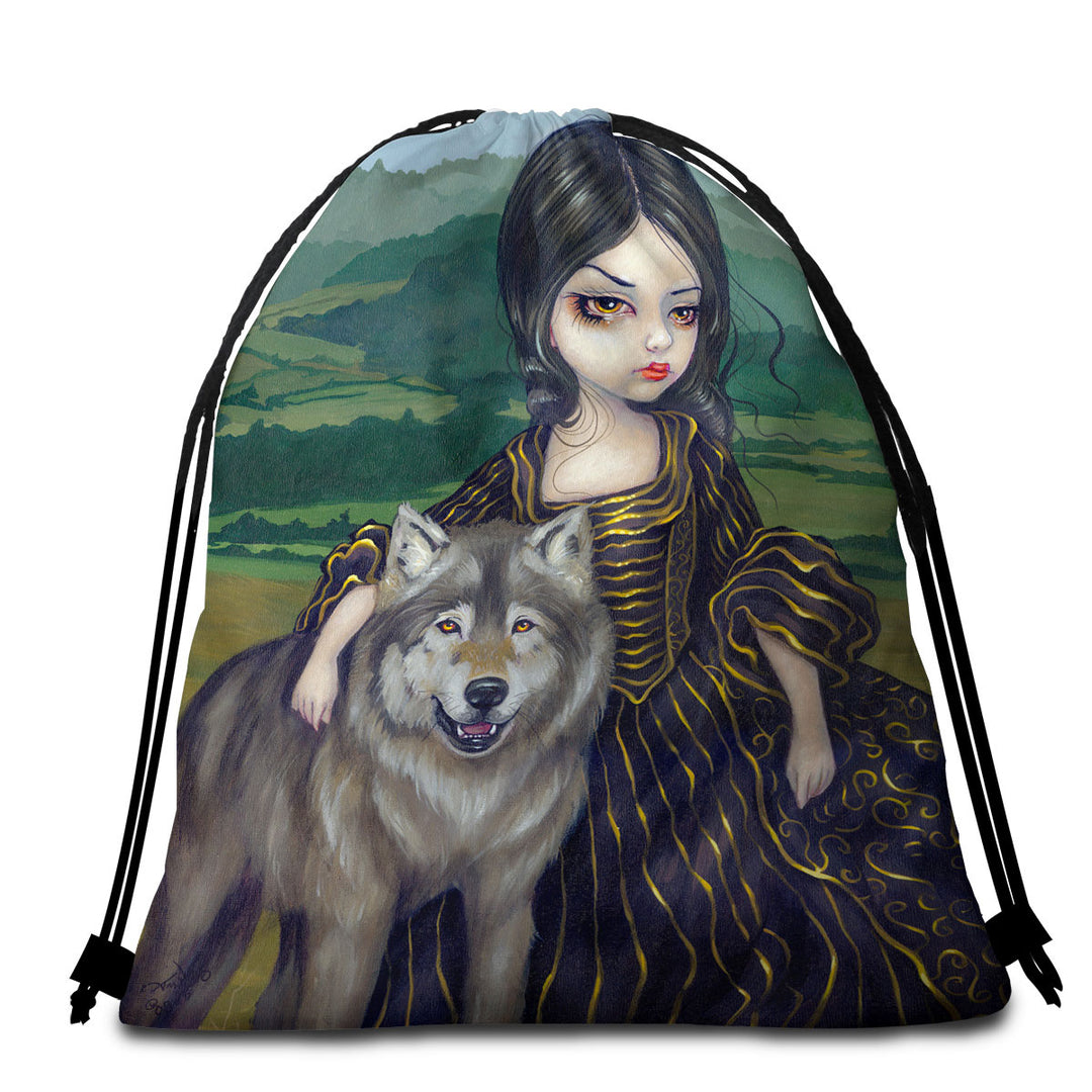 Loup Garou Fine Art Landscape Wolf and Lady Beach Towels and Bags Set