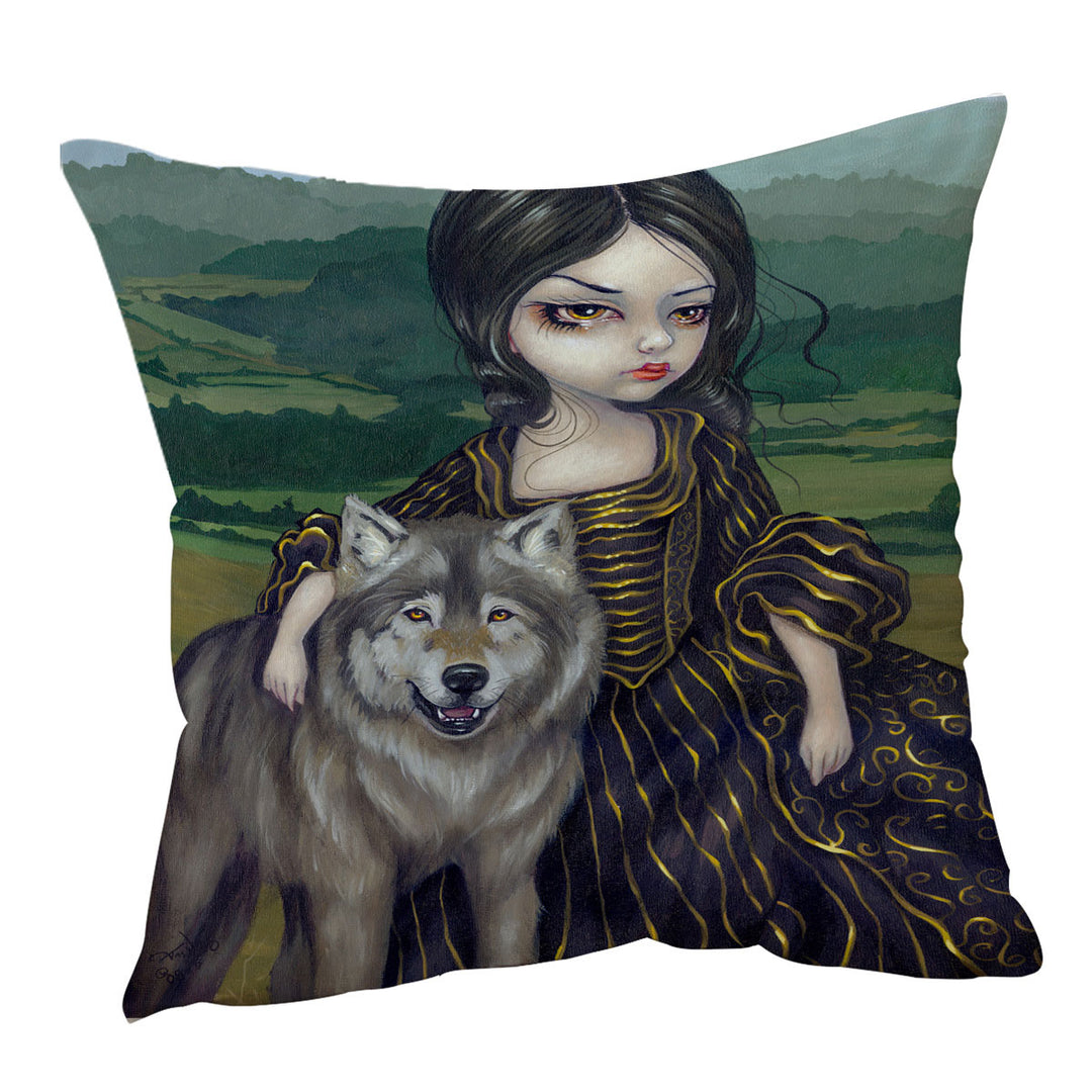 Loup Garou Fine Art Landscape Wolf and Lady Cushion Cover