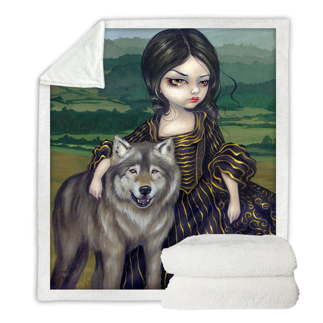 Loup Garou Fine Art Landscape Wolf and Lady Fleece Blankets