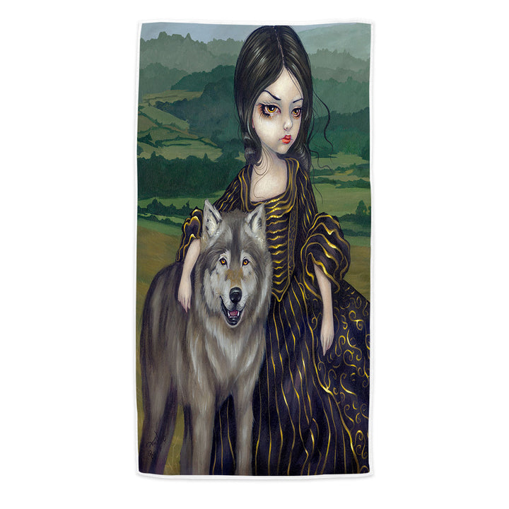 Loup Garou Fine Art Landscape Wolf and Lady Swims Towel