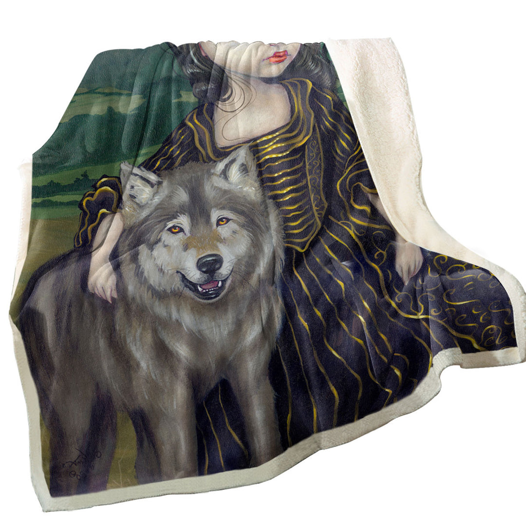 Loup Garou Fine Art Landscape Wolf and Lady Throw Blanket