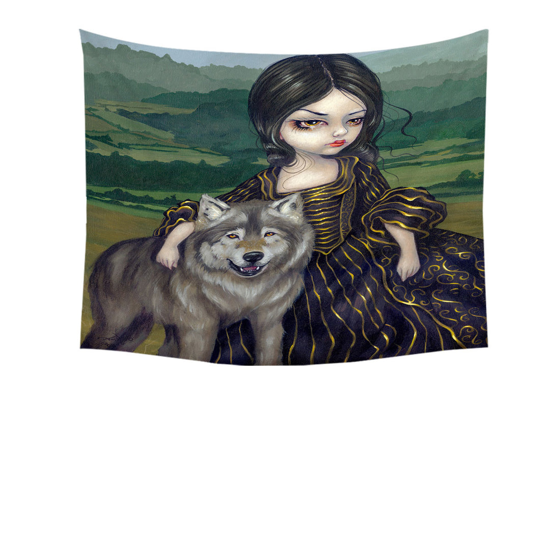 Loup Garou Fine Art Landscape Wolf and Lady Wall Decor Tapestry