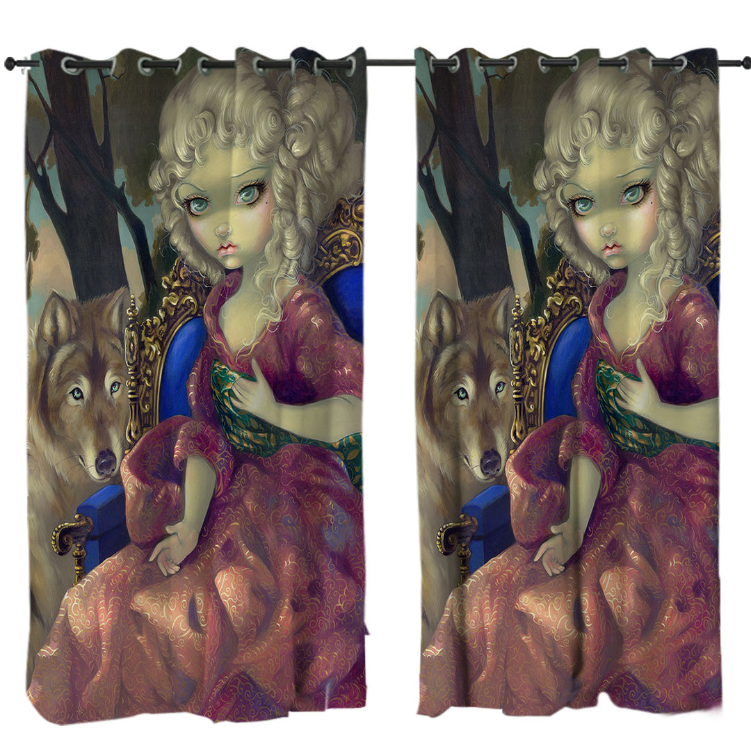 Loup Garou Fine Art the Dawn Wolf and Beautiful Girl Curtains for Living Room