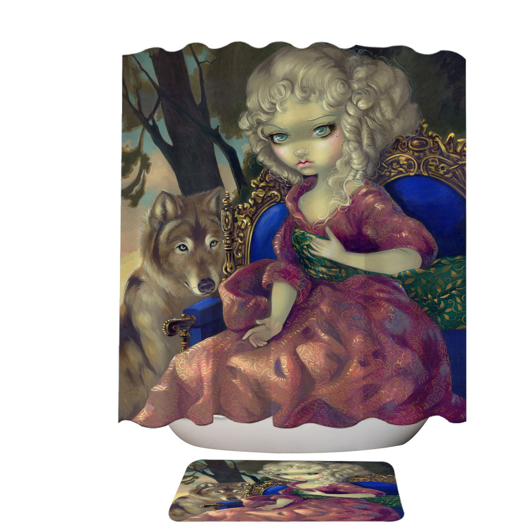 Loup Garou Fine Art the Dawn Wolf and Beautiful Girl Fabric Shower Curtains