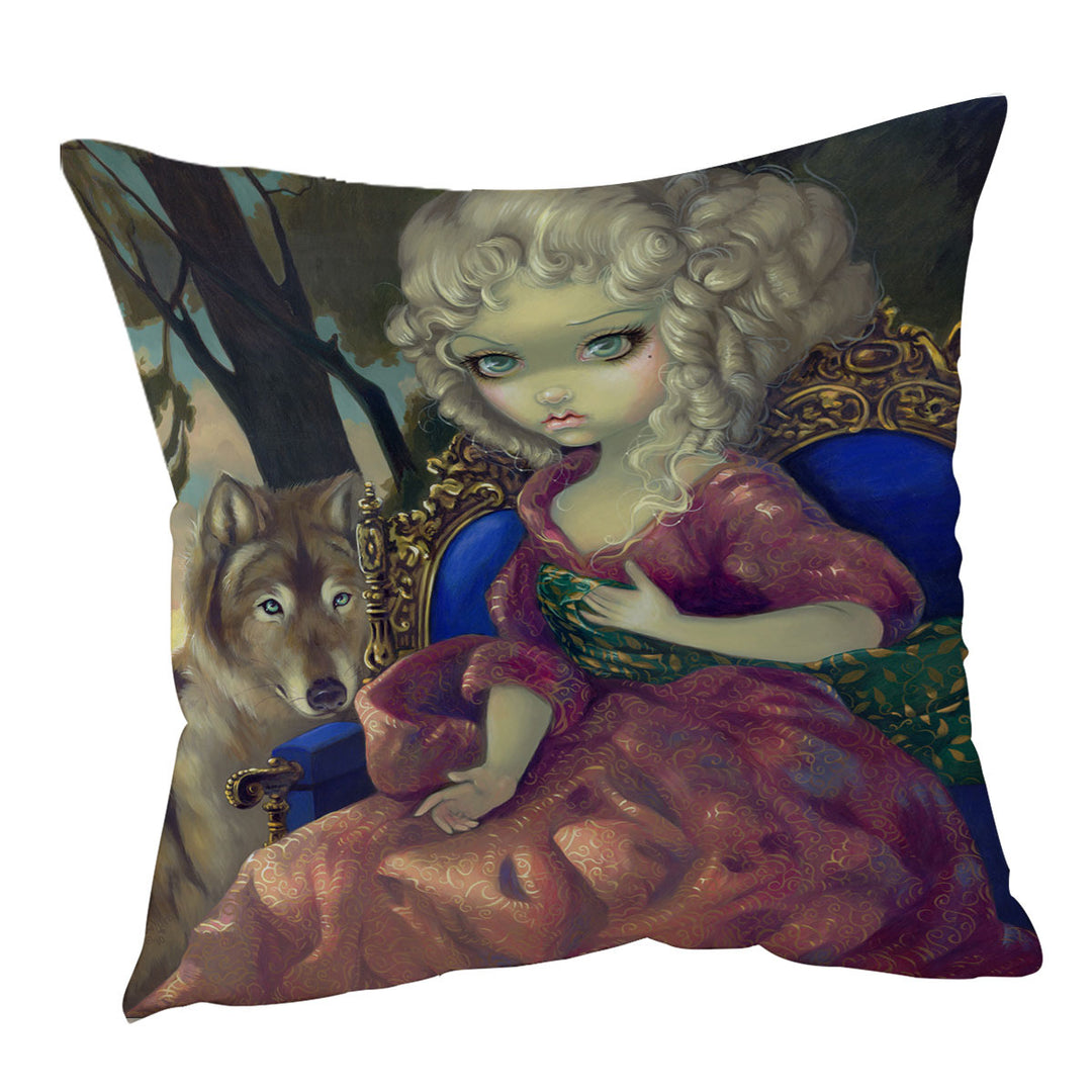 Loup Garou Fine Art the Dawn Wolf and Beautiful Girl Throw Cushion