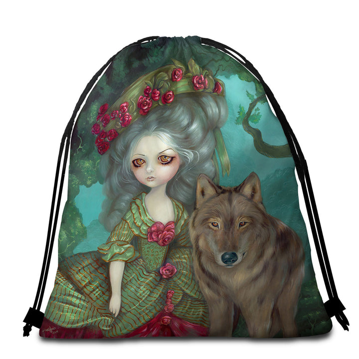 Loup Garou Forest Beautiful Girl and Her Wolf Beach Towels and Bags Set