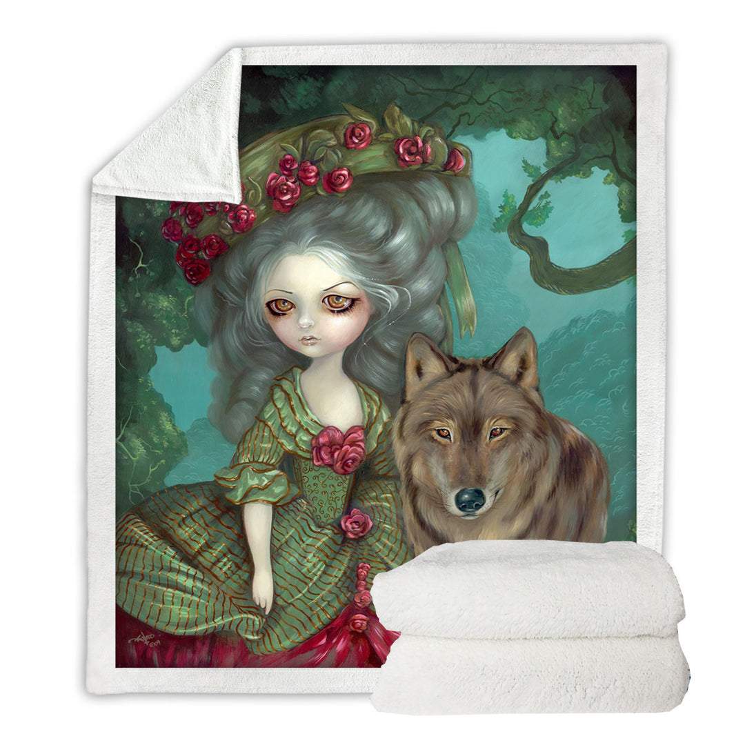 Loup Garou Forest Beautiful Girl and Her Wolf Sherpa Blanket