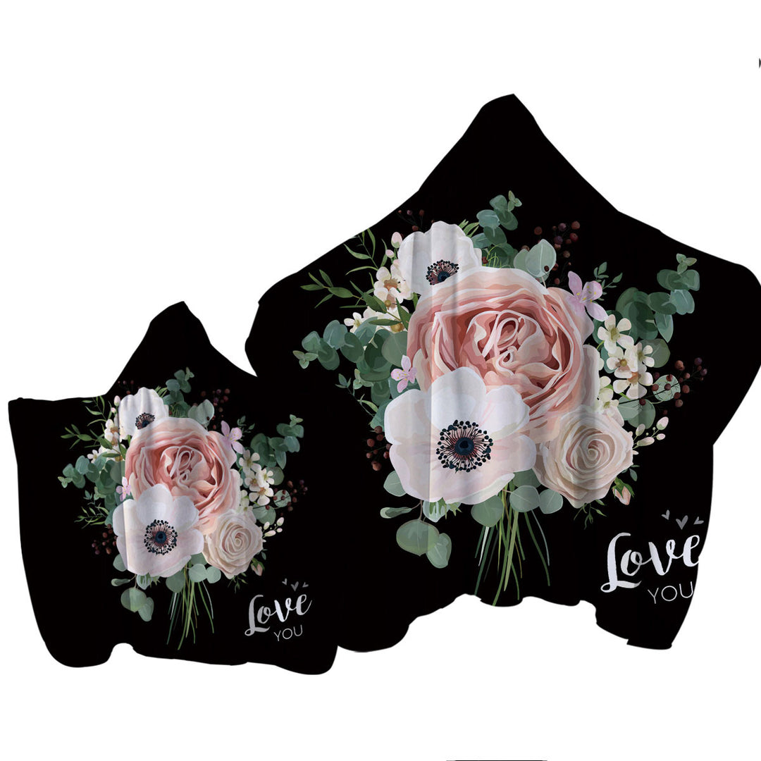 Love You White Flowers Bouquet Hooded Beach Towel